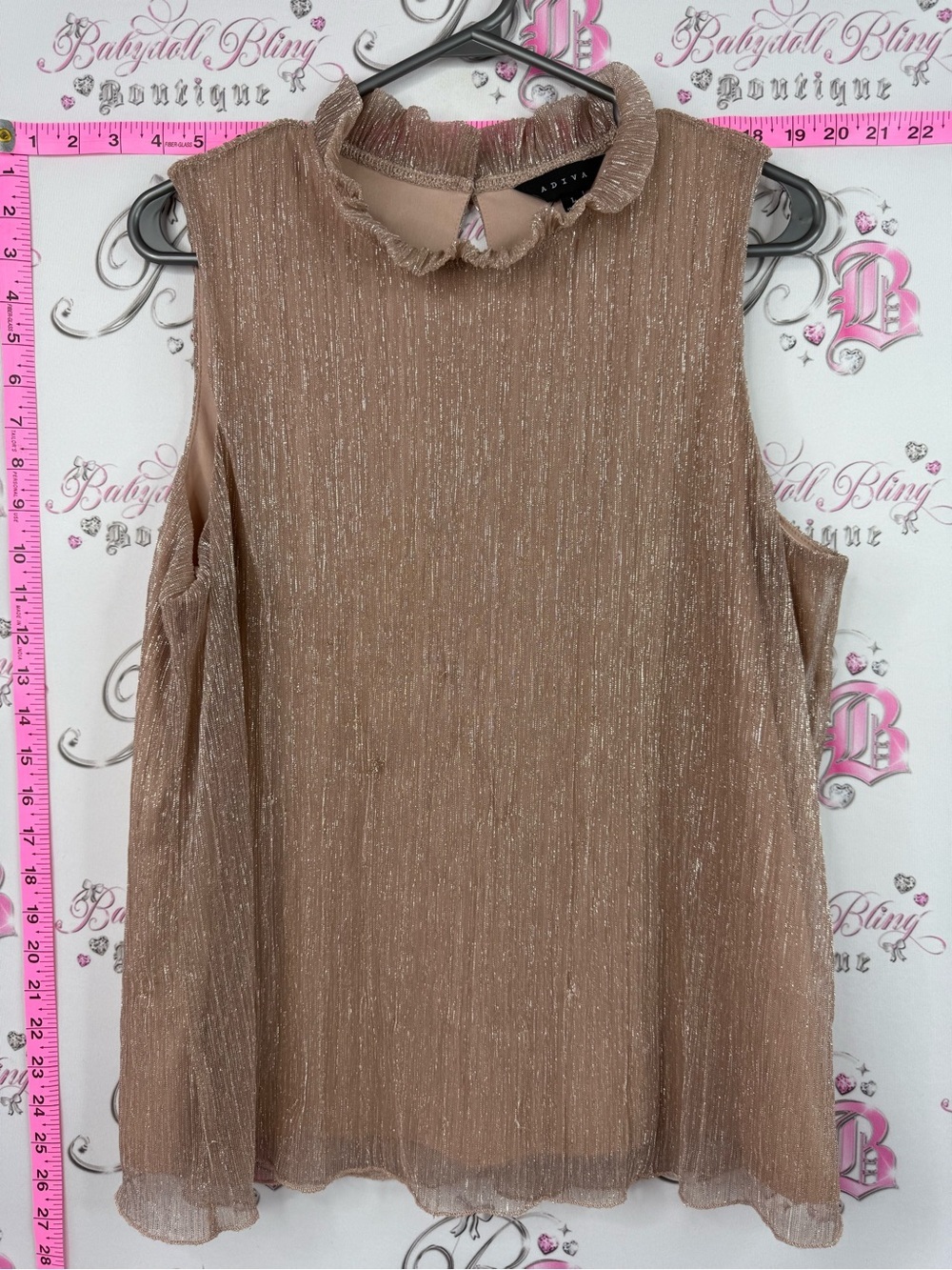 Adiva tank top ruffle shimmer shiny Metallic Taupe Ruffle Neck Sleeveless Top